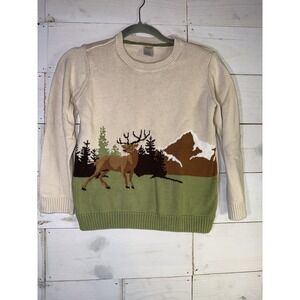 Gymboree Sweater Youth Kids 8 Beige Green Deer Mountain Scene Crewneck Cotton
